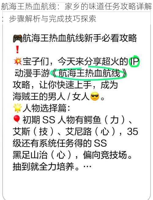 航海王热血航线：家乡的味道任务攻略详解：步骤解析与完成技巧探索