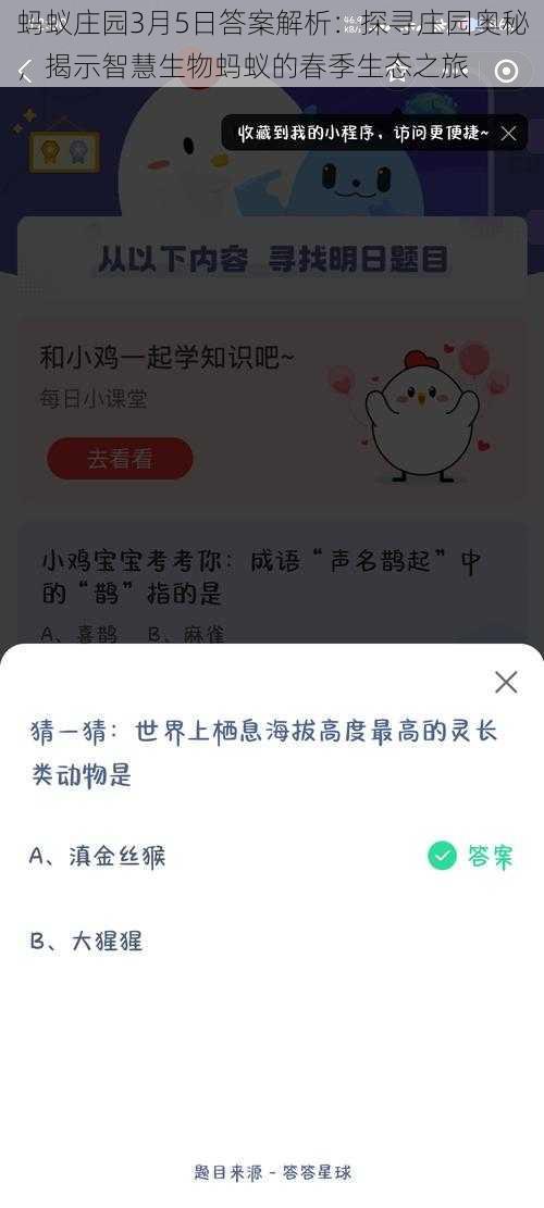 蚂蚁庄园3月5日答案解析：探寻庄园奥秘，揭示智慧生物蚂蚁的春季生态之旅