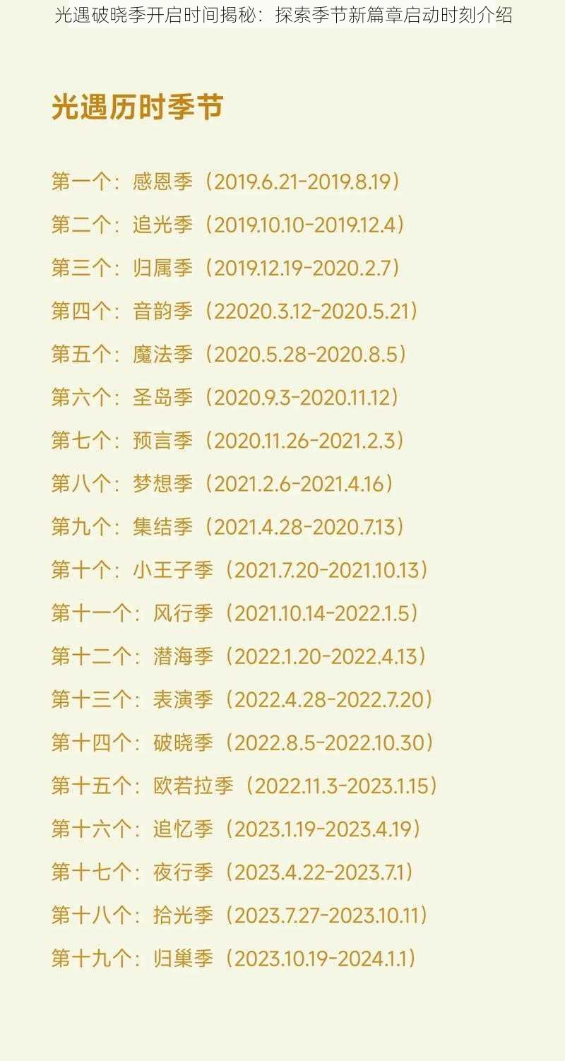 光遇破晓季开启时间揭秘：探索季节新篇章启动时刻介绍