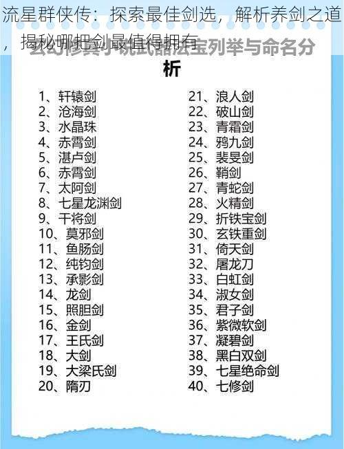 流星群侠传：探索最佳剑选，解析养剑之道，揭秘哪把剑最值得拥有